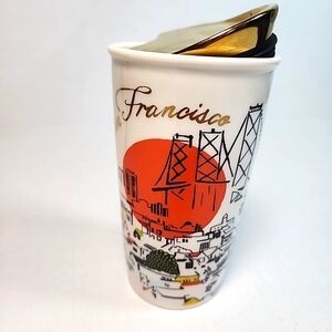 Starbucks 2015 San Francisco Cityscape Ceramic Travel Tumbler Mug 12 oz Gold Lid